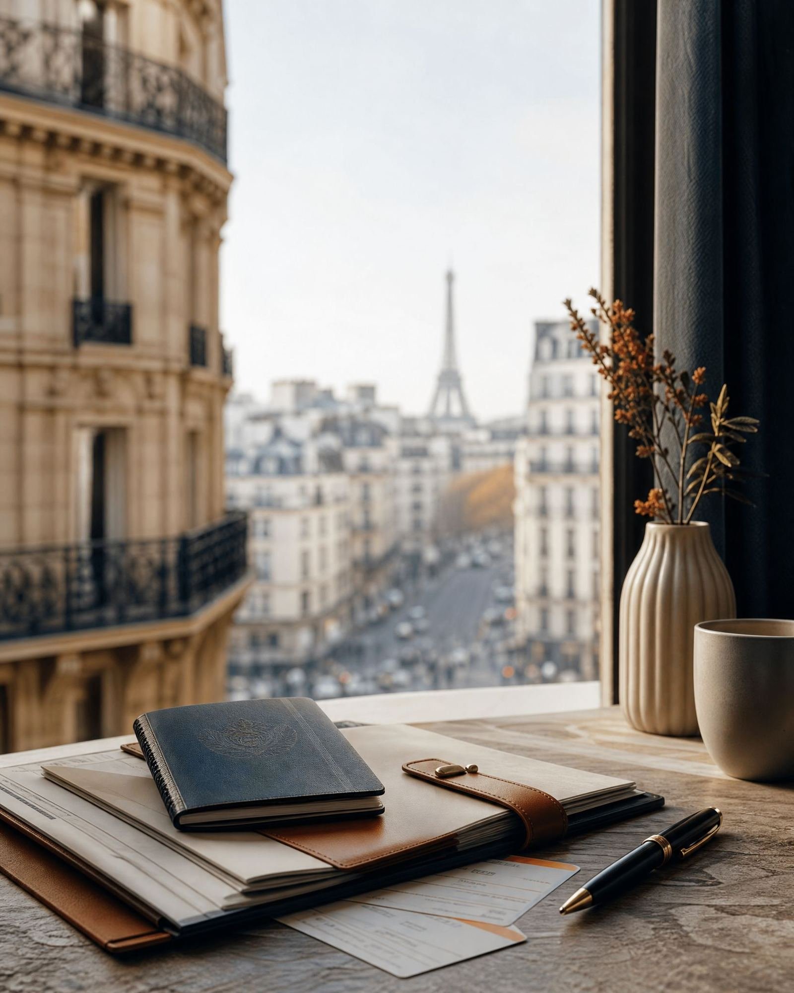Passport and Schengen visa planning documents on a desk